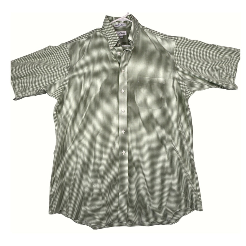Paul Fredrick Mens Green Gingham Short Sleeve Button Down Shirt Size 16 1/2